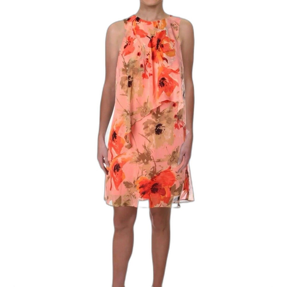 Ralph Lauren Shift Dress Sz 14 Salmon Pink Floral Poly Chiffon Sleeveless